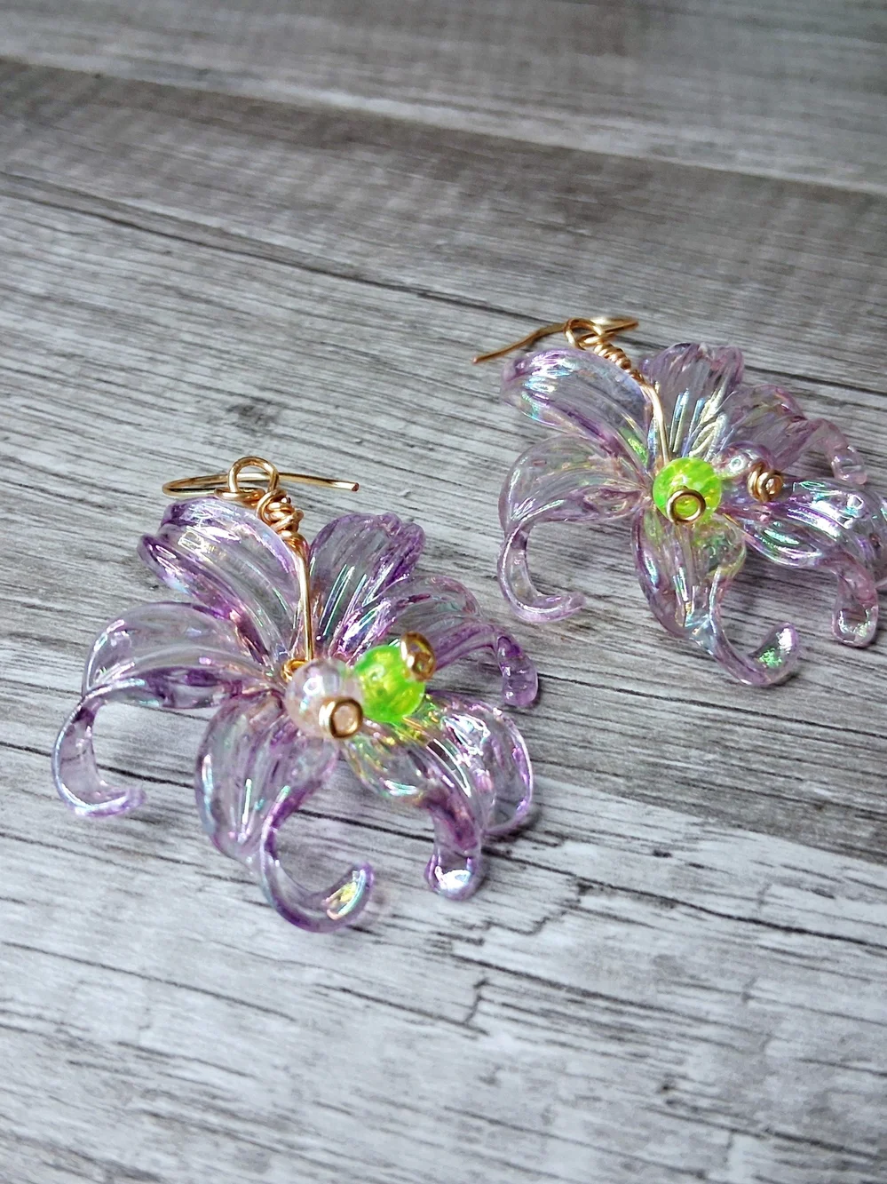 Iridescent Lavender Lily Flower Earrings with Gold Hooks